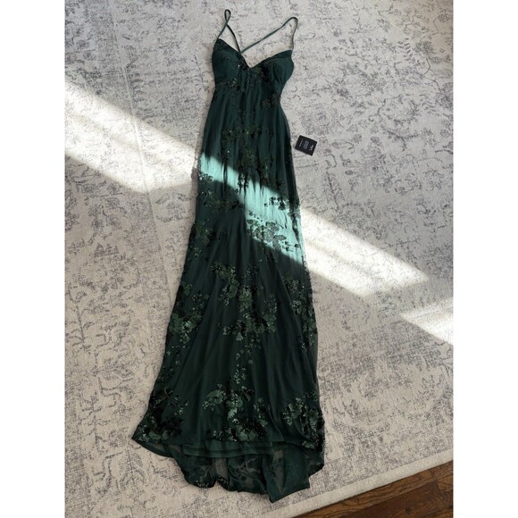Lulus Valhalla Forest Green Sequin Lace-Up Maxi Dress Size Small NWT Formal Glam - Picture 3 of 8